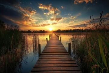 Obraz premium Sunrise on a Wooden Pier