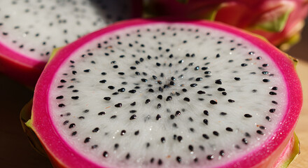 Sliced Dragon Fruit Close Up Revealing Unique Texture And Tiny Black Seeds