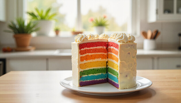 Rainbow layer pride cake in cozy kitchen, celebrating Pride Month