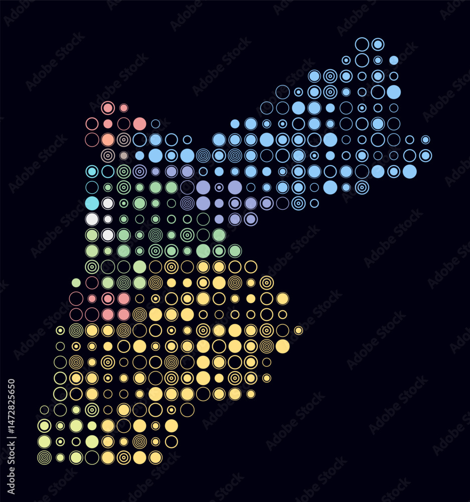 Poster jordan, shape of the country built of colored cells. digital style map of jordan on dark background.