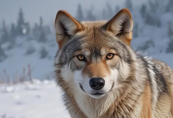 Naklejka premium Eurasian wolf, eyes piercing, snow-covered landscape, powerful, nature, environment