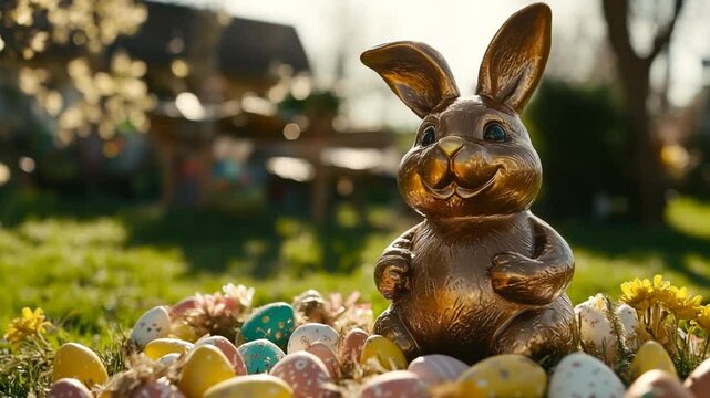 Golden easter bunny amidst colorful eggs and spring blossoms in a garden setting