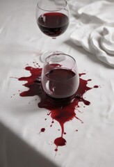 Dark red wine blot soaking into white cotton tablecloth, close-up, fabric, color