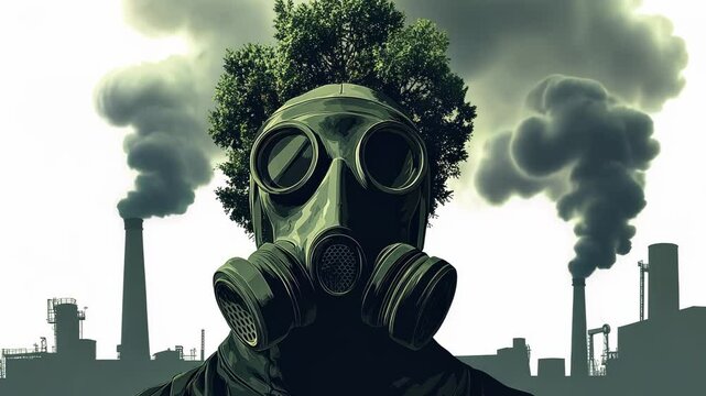 Woman Wearing Gas Mask for Protection Against Pollution in a Dangerous Environment