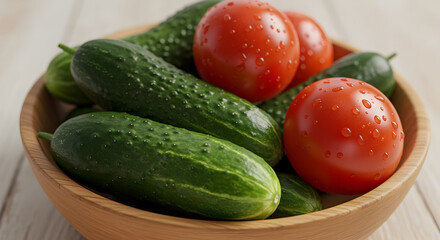 Fresh Summer Bounty Ripe Cucumbers And Tomatoes In A Wooden Bowl
