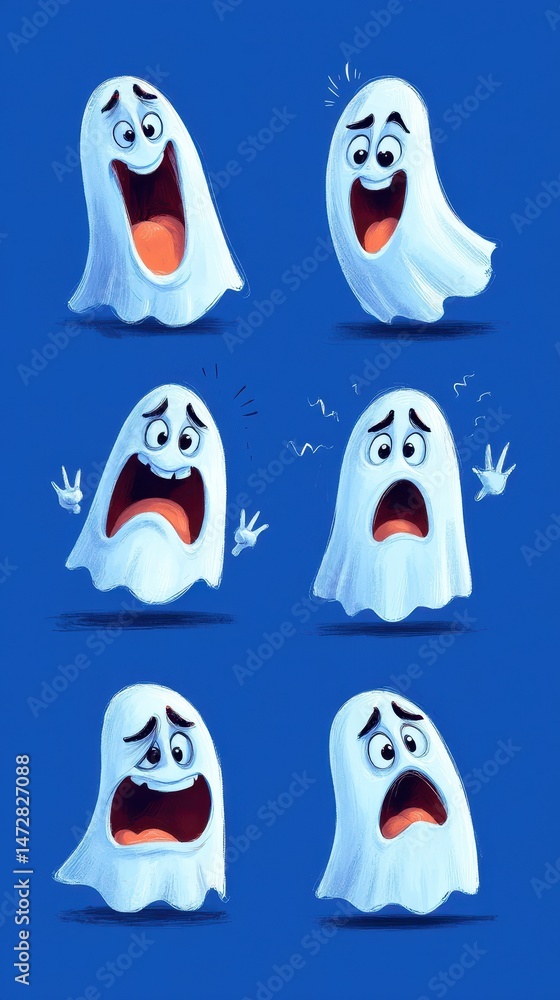 Poster animated ghost figures displaying various expressions of fright.