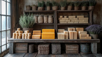 Rustic display of various cheese blocks and natural herbs in a cozy, vintage shop interior