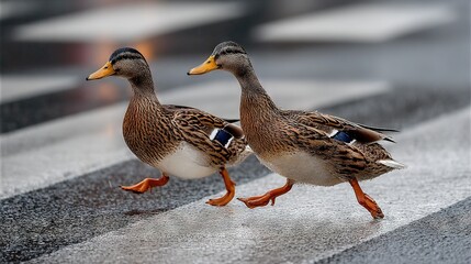 Fototapeta premium A few ducks strolled on a street alongside a black-and-white striped crosswalk on the roadside