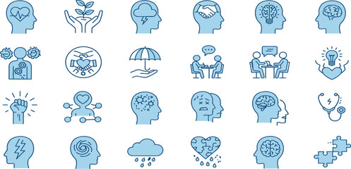 Mental health icons, such as emotions, therapy, psychology and more. Vector illustration