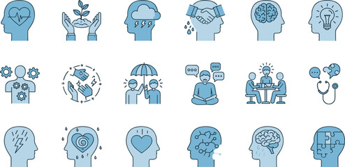 Mental health icons, such as emotions, therapy, psychology and more. Vector illustration