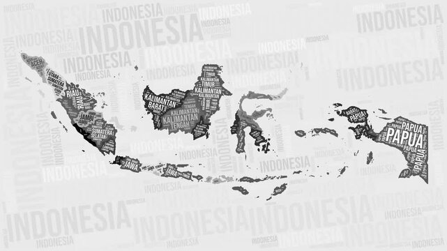 Indonesia Animation. Visual effect of Indonesia regions appearing in black and white word clouds style. Country intro video. Classy Animated Motion Graphics.