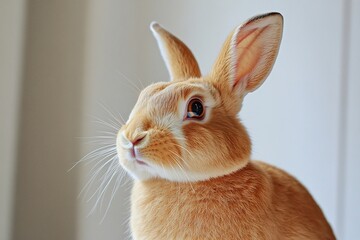 Obraz premium Cute brown rabbit with upright ears and white whiskers sitting calmly. Fluffy fur and alert expression suitable for animal pet category