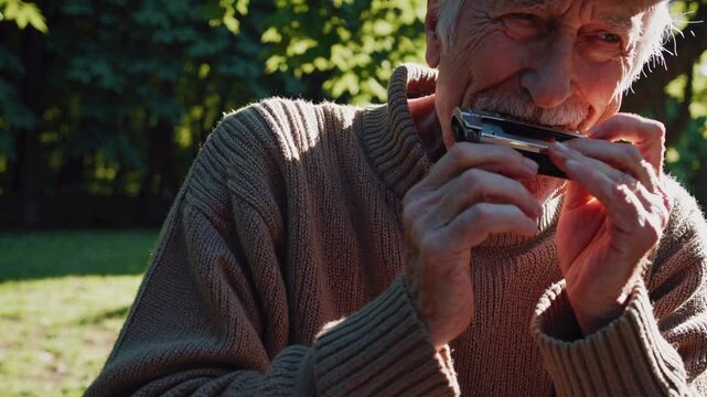 Senior man playing harmonica while sitting on wooden park bench, expressing joy and relaxation during peaceful outdoor moment amid green surroundings