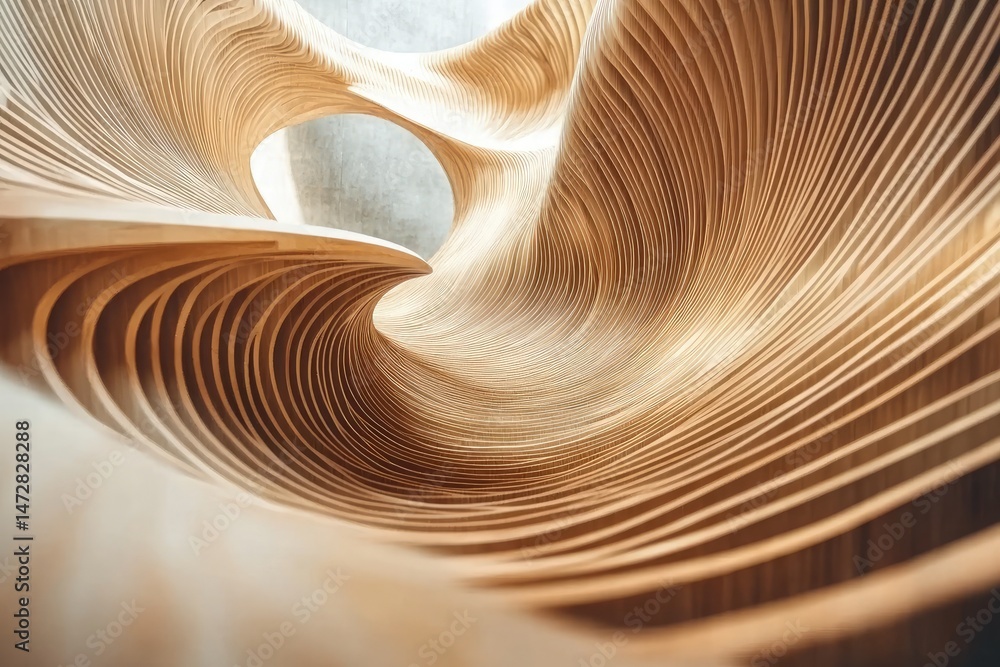 Poster smooth curving wooden slat structure with circular openings architecture detail