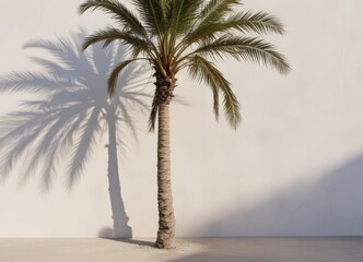 Deep shadow of a palm tree on a whitewashed wall, strong contrast,  nature photography,  leaves