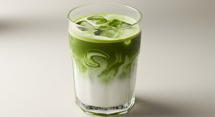 Iced Matcha Latte In Elegant Glass On A Neutral Background For Advertising