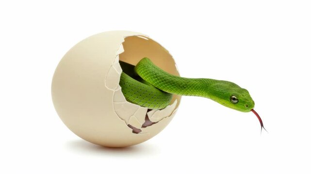 Green Snake Hatching from Egg - A vibrant green snake emerges from a cracked eggshell, its tongue flicking out. The scene is set against a stark white background