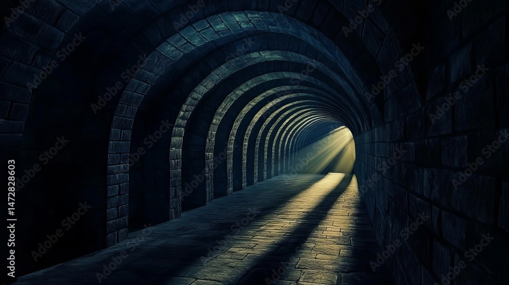 Poster mysterious dark stone tunnel with light rays shining through 3d path wall hope image photo bricks