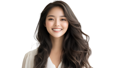 A beautiful Asian woman with long hair, smiling and looking at the camera on a transparent background PNG file