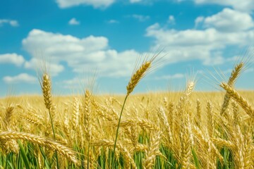 Obraz premium Golden wheat field under a vibrant blue sky