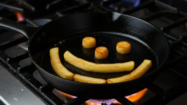 Happy French Fries Frying in Cast Iron Skillet - Golden-brown french fries are arranged in a smiley face pattern in a black cast iron skillet on a stovetop. The fries are frying and look delicious.