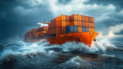 Massive cargo ship sails across stormy, turbulent seas under a dramatic, cloud-filled sky