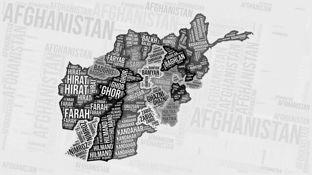 Afghanistan Animation. Visual effect of Afghanistan regions appearing in black and white word clouds style. Country intro video. Amazing Animated Motion Graphics.