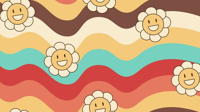 Looping animation of cheerful stylish daisy flowers falling on colorful rainbow background. Vintage retro psychedelic animation.
