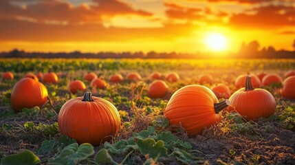 Vibrant orange pumpkins dot a field at sunset.