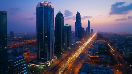 Aerial View of a Modern Cityscape at Dusk with Illuminated Skyscrapers