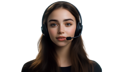 A beautiful female customer service avatar with blonde hair, wearing a black suit and headset on a transparent background. 