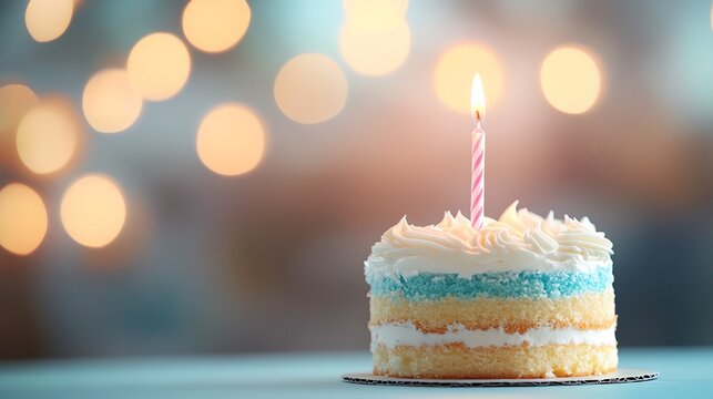 Single candle on a cake with copy space. Perfect for creating impactful banners, posters, covers, cards, landing pages, video thumbnails, flyers, PPT presentations, slides, wallpapers, and more.