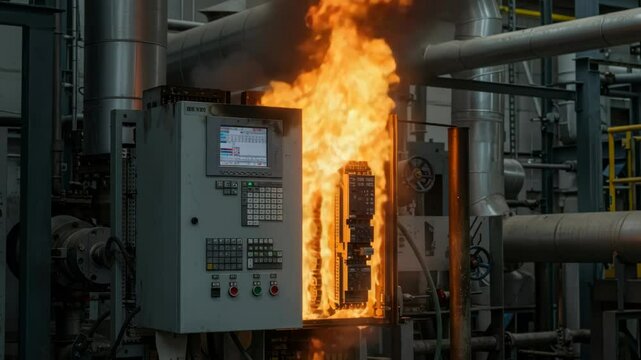 Industrial Machine Fire Emergency - A close-up shot depicts a fire engulfing the internal components of an industrial control panel within a factory setting. The flames are intense and orange