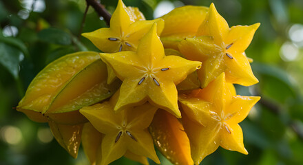 Fototapeta premium Exotic Starfruit Still Life, Tropical Fruit Background With Bright Yellow Carambola