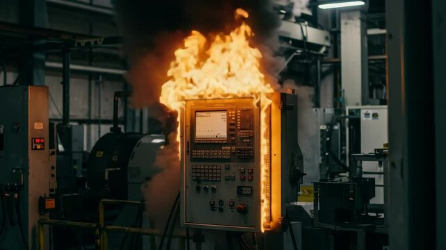 Industrial Machine Fire Hazard - A close-up shot of a control panel engulfed in flames within a factory setting. Smoke billows around the burning equipment