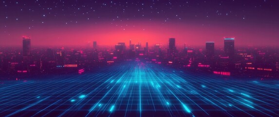 Synthwave Cityscape with Grid, Stars, Skyscrapers and a Purple and Red Evening Sky