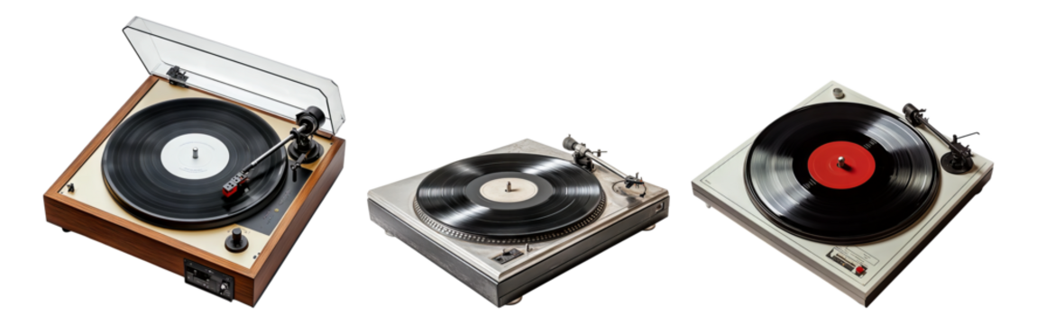 Vintage Turntables Displayed with Vinyl Records in a Stylish Arrangement Isolated Transparent Background