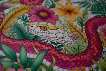 Intricate illustration of a snake amidst vibrant floral and plant life.
