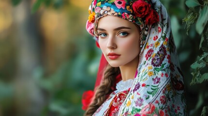 Portrait of a Woman with Elaborate Floral Headdress and Braided Hair in Natural Setting