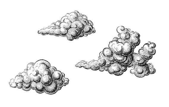 Set of clouds in hand drawn vintage retro style isolated on white background. Cartoon design elements.	