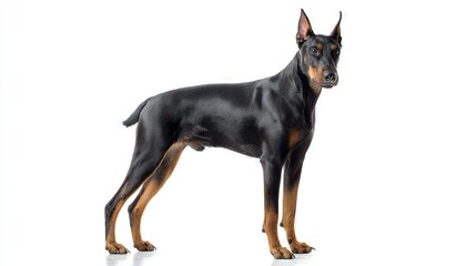   Black-and-brown dog staring seriously at camera on white background
