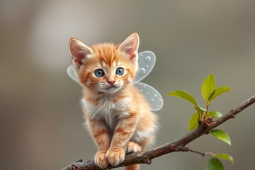 Obraz premium kitten with fairy wings perched on a branch, Generative AI