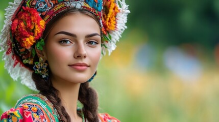 Young Brunette Woman with Embroidered Headdress in Natural Setting