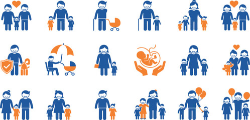 Family icon set. Collection of baby carriage, child, parent and more. Vector illustration. 