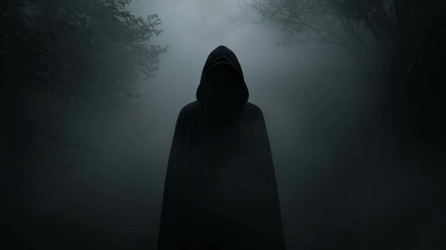 Mysterious Figure in Foggy Forest - A hooded figure, cloaked in darkness, stands in a dense, foggy forest.  The atmosphere is eerie and suspenseful, with the figure's face obscured from view.