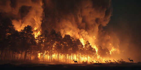 Wildfire raging through dense forest with intense flames and smoke