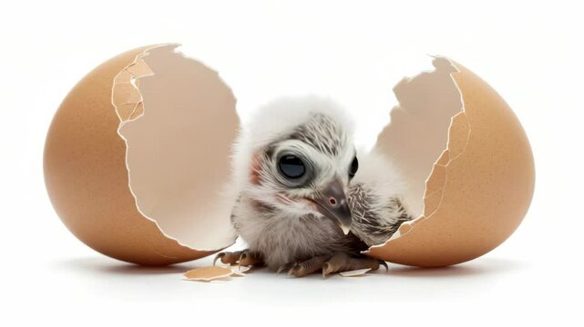 Newborn Bird Hatching from Egg - A fluffy newborn bird chick sits in a broken eggshell, its large eyes wide and curious.  The light brown eggshell is cracked open, revealing the newly hatched bird.