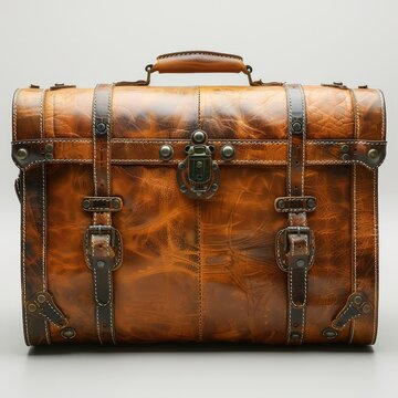 Vintage leather suitcase mockup with handle and straps isolated on neutral background classic travel luggage template for branding product display and retro design presentation