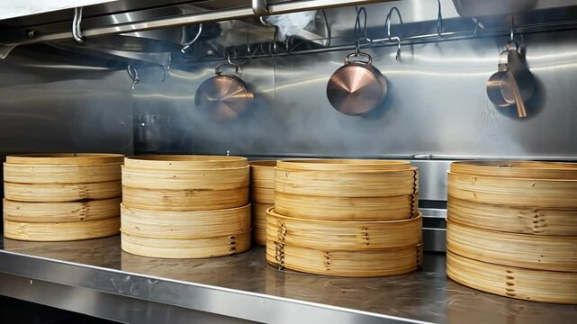 Bamboo steamers in an Asian restaurant.