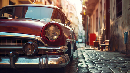 A vintage red car parked on a cobblestone street with buildings in the background during daytime